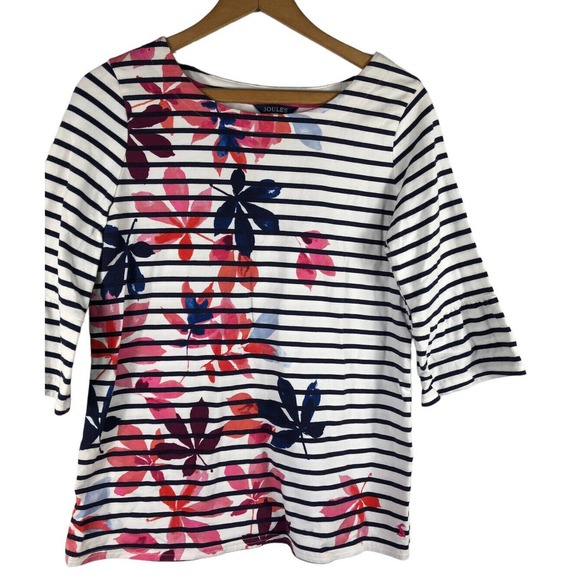 Joules Shirt Knit Top US 8 / UK 12 Stripe 3/4 Sleeve Floral White Blue Pink - Picture 2 of 9